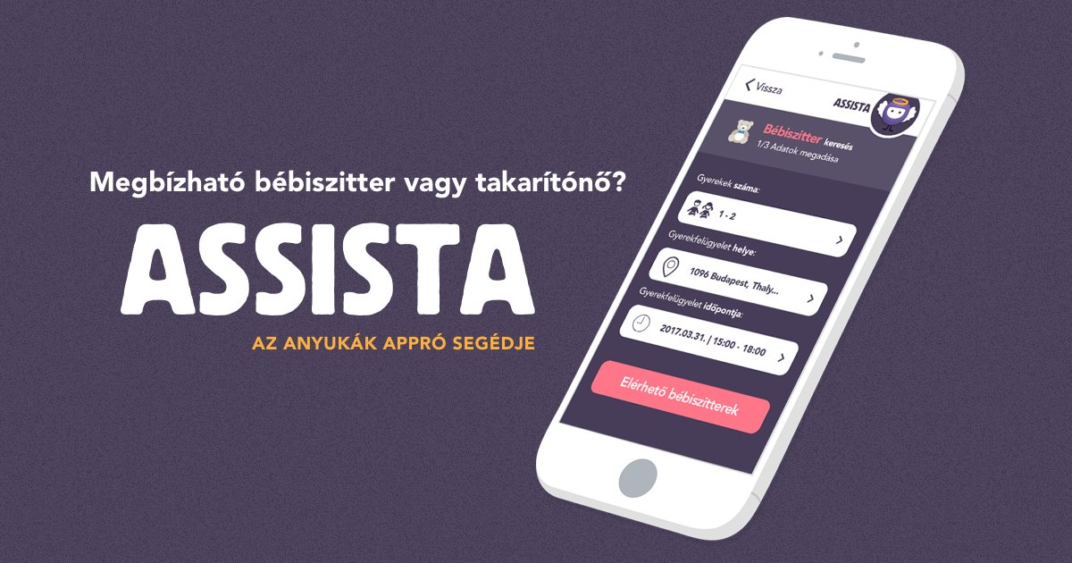 The Assista promo image: the line “A reliable babysitter or cleaner?”, the app's name and tagline (a little helper for mums), next to a phone showing the babysitter search screen