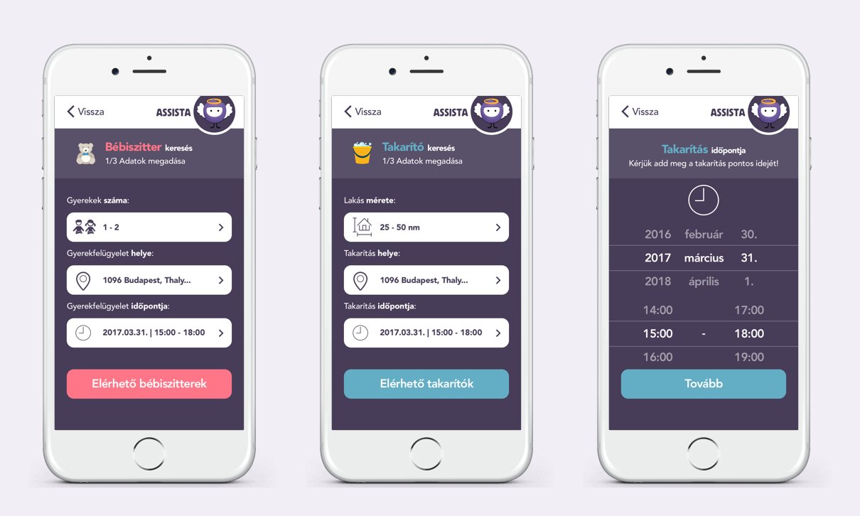 Three Assista screens: babysitter search with the number of children, address and time; cleaner search with the size of the home; and choosing the cleaning time with a date and time picker