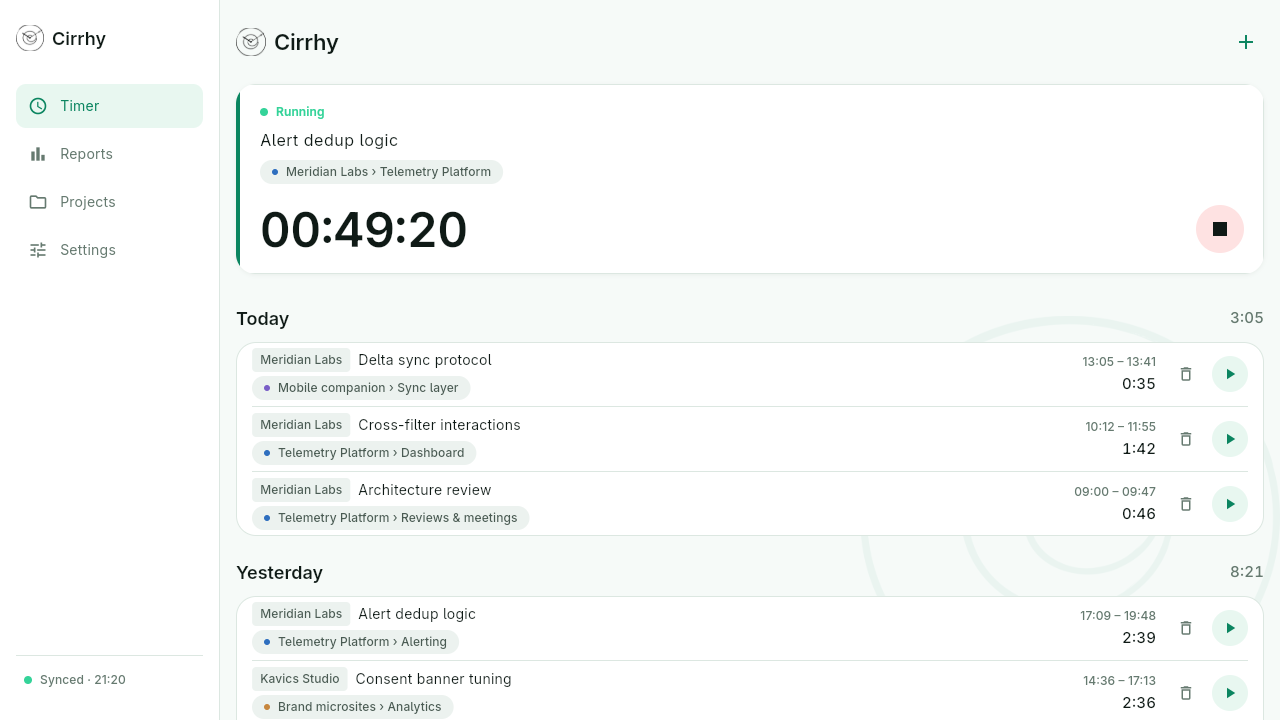 Cirrhy desktop timer: running timer above the recent entries