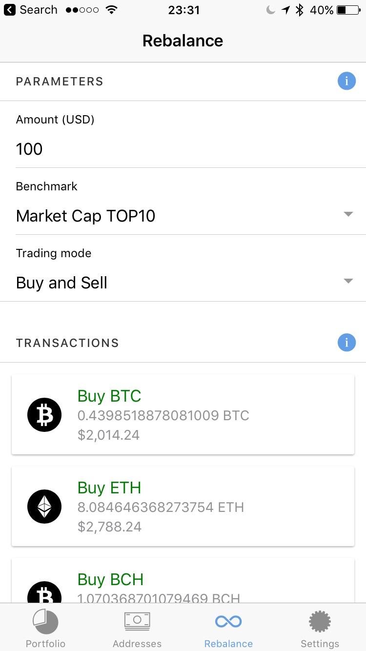 The rebalance screen: amount, benchmark index and the list of suggested purchases