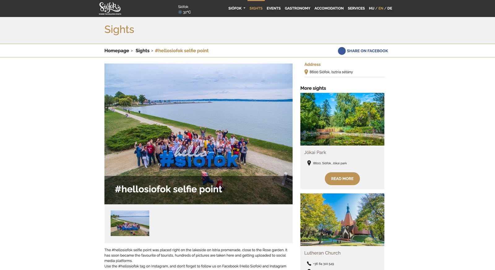 A sights page on hellosiofok.hu: a photo of the #hellosiofok selfie point on the lakeside promenade with a group picture, next to a list of other recommended sights