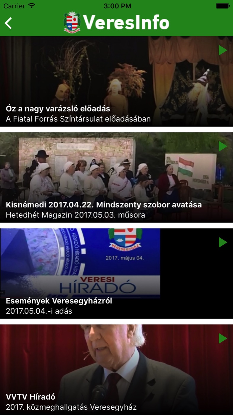 The VeresInfo news feed on a phone: a list of stories with photos, including a monument-unveiling ceremony and a local TV news bulletin