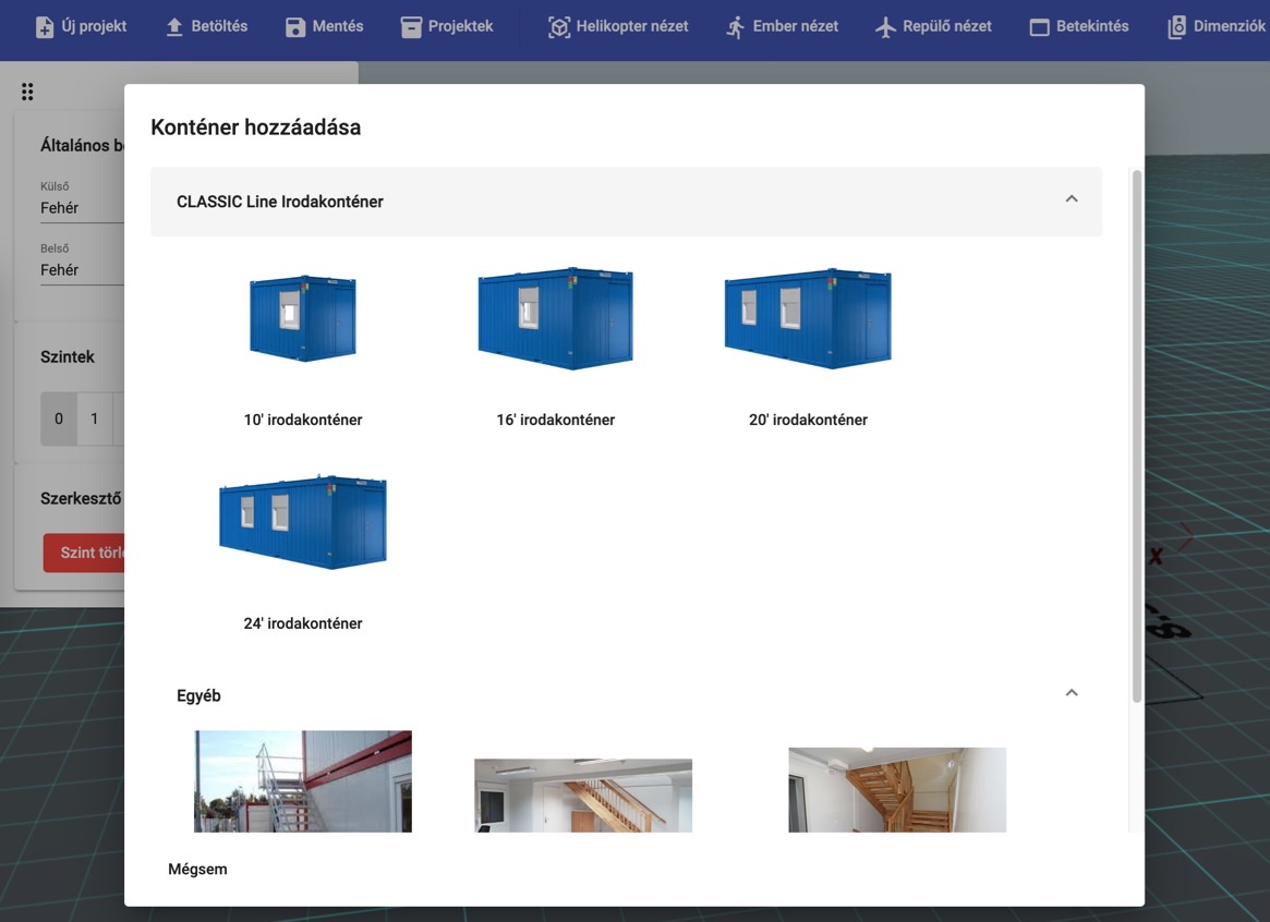 The add-container dialog: 10, 16, 20 and 24-foot office containers, plus outdoor and indoor staircases