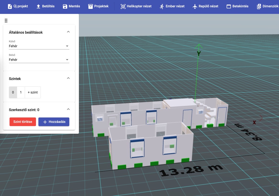 Modeller's editor view: colour and floor settings on the left, a white container building on the grid floor plan on the right