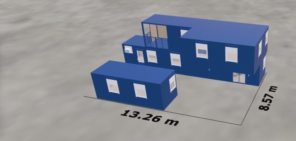 Modeller's helicopter view: a two-storey blue container building with its measured dimensions
