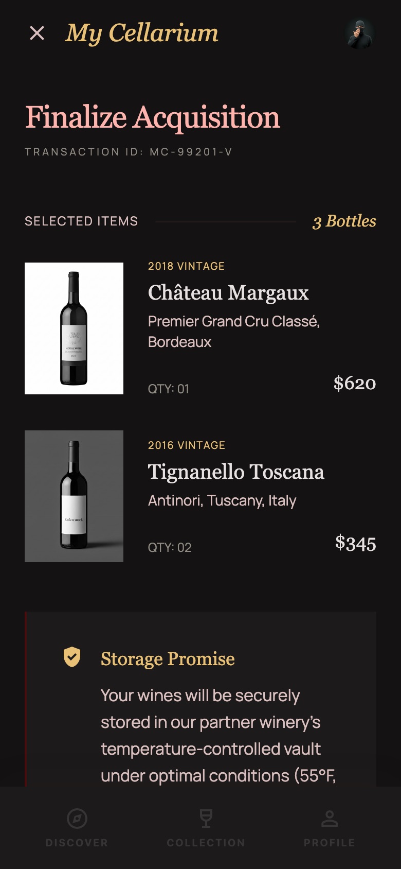 Checkout in the screen design: the selected bottles, with the storage promise below them