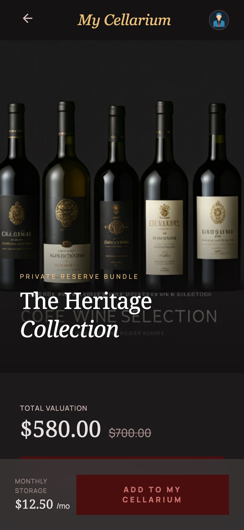 A My Cellarium wine package in the screen design: a row of bottles, the package name and its price