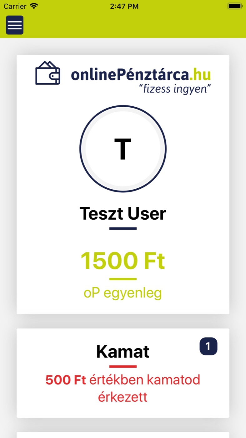 The onlinePénztárca app home screen: the OP balance and a notification about credited interest