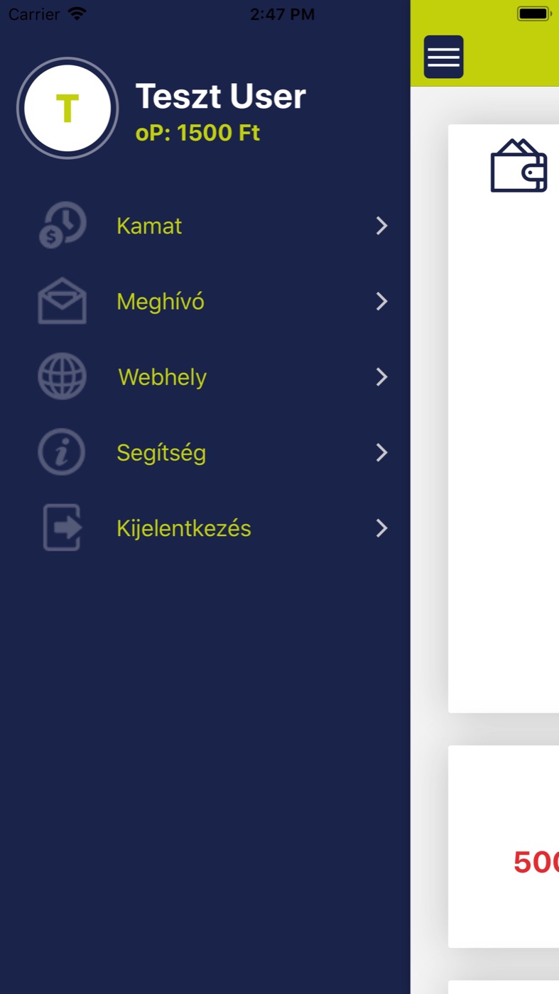 The onlinePénztárca app menu: interest, invite, website and help options