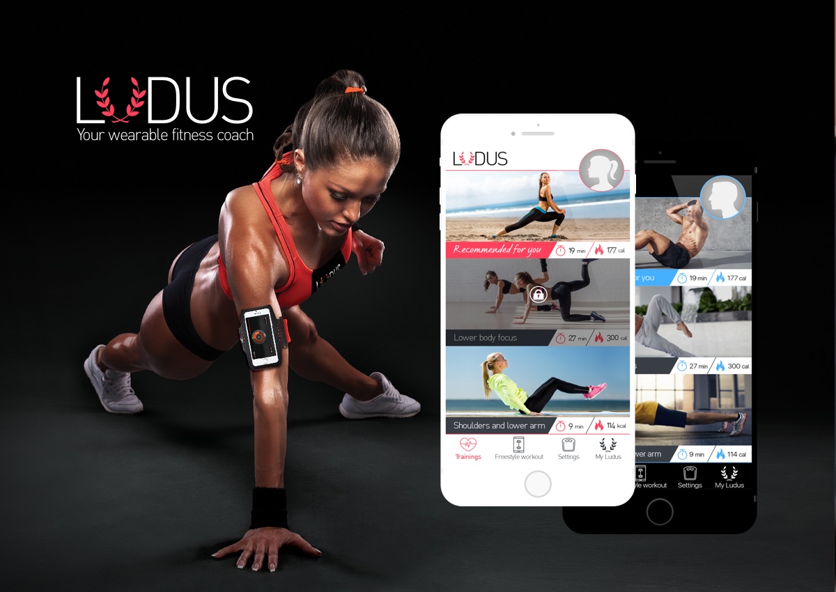 Recommended workouts in the Ludus app on two phones, next to an athlete training with a phone strapped to her arm