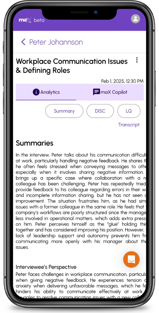 maX on a phone: the analysis and summary of an interview, prepared for the coach
