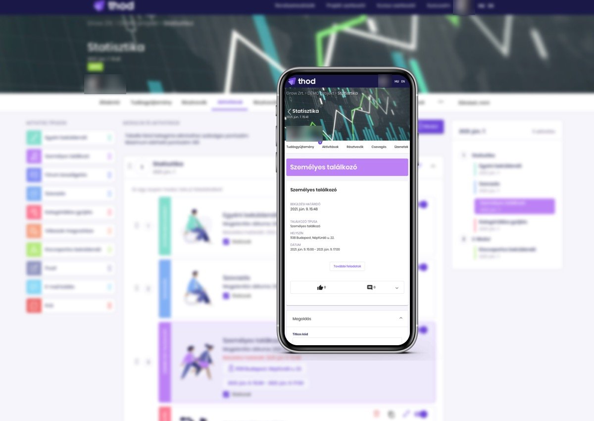 The Thod interface on desktop and phone: on the left, a training program's statistics and task list, in the middle a task's details on a phone